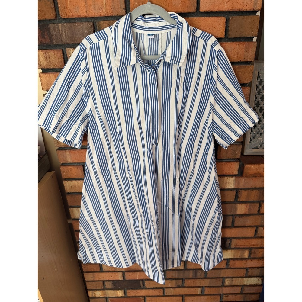 Old Navy Womens Blue White Striped Short Sleeve Hidden Button Shirt Dress XL